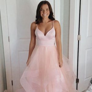 Madison James Satin V-Neck Tulle A-Line Prom Dress